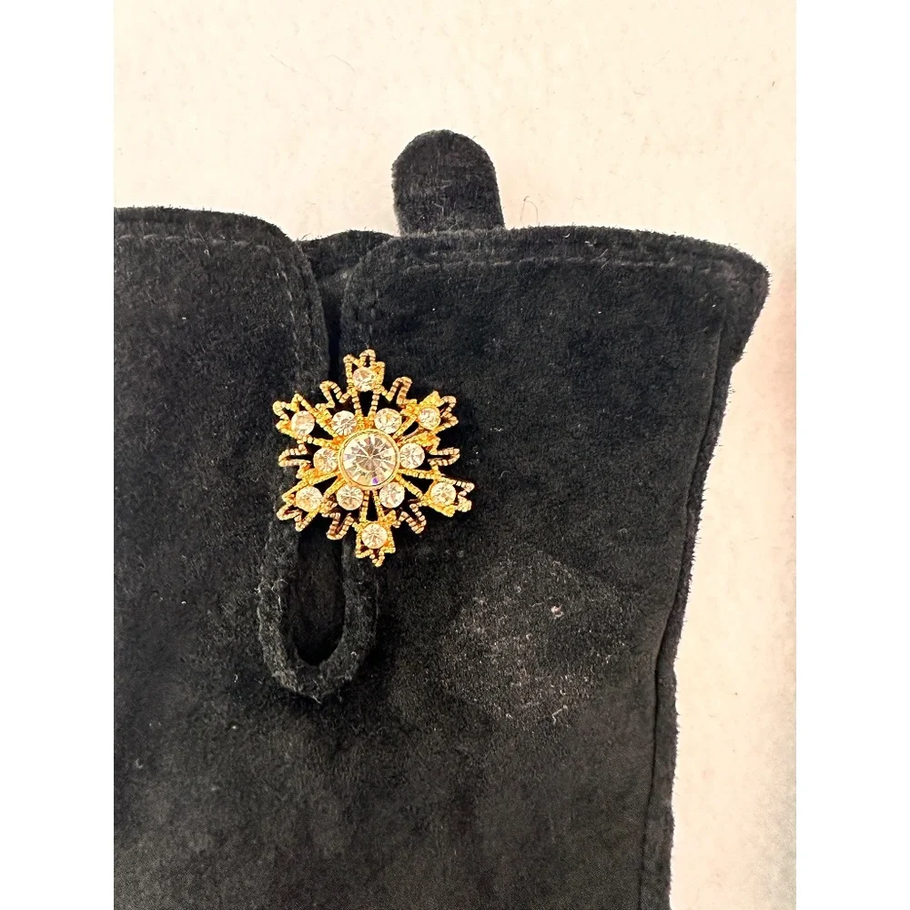 Vintage Inspired Pig Suede Black Crystal Brooch Pin Elegant Gloves